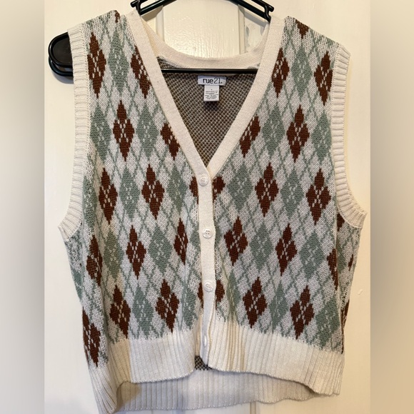 Rue21 Sweaters - Rue21 Women's V-Neck Argyle Sweater Vest - Cream, Brown, and Green